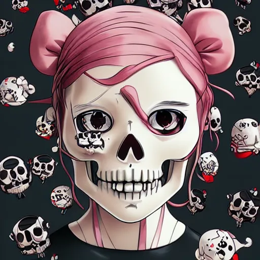 Prompt: anime manga skull portrait young woman skeleton, hello kitty, ghibli, cuphead, bikini highly detailed, digital art, art by JC Leyendecker and sachin teng