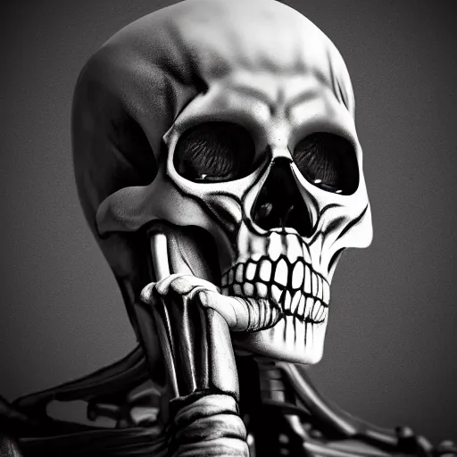 Image similar to ultrarealistic, photorealistic, 4k skeleton smoking, black background, noir style, profile