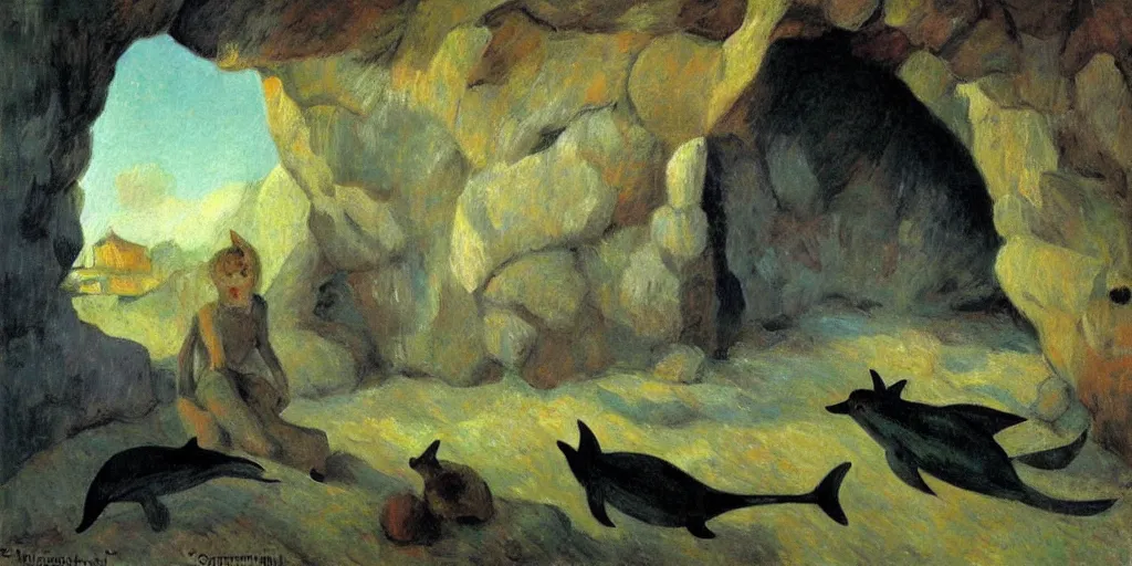 Image similar to dolphin and cat in a cave, expressive oil painting by christopher radlund and camille pissaro