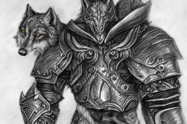 Image similar to a pencil drawing of a wolf, full body, D&D, armor, made by by Pen Tacula