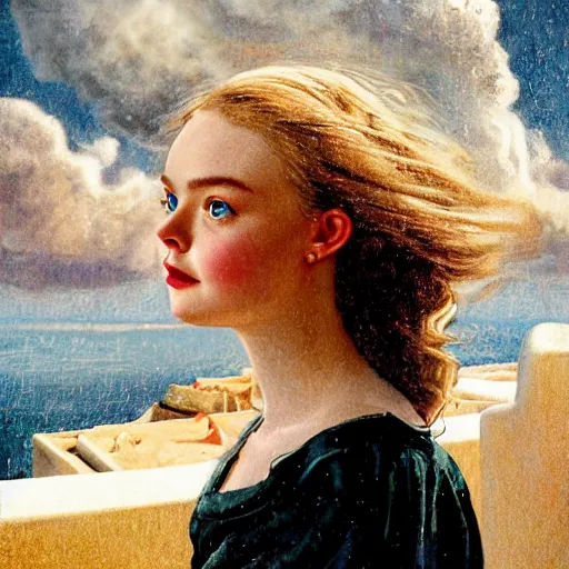 Image similar to Elle Fanning in Santorini at night, head and shoulders portrait, stormy weather, extremely detailed masterpiece, Roger Deakin’s cinematography, illustration, by Norman Rockwell,