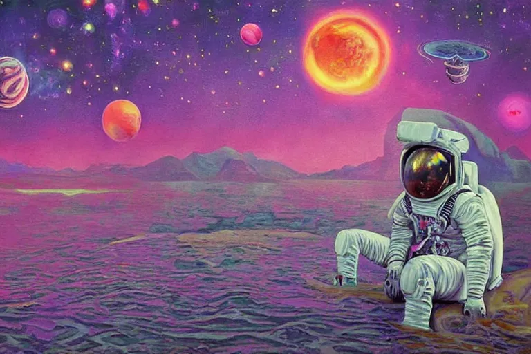 Prompt: surreal painting by chesley bonestelll!!, an astronaut sitting near a river + psychedelic vegetation + purple, pink, blue + planets and stars + mystic fog, 5 0's vintage sci - fi style, rule of third!!!!, line art, 8 k, super detailed, high quality