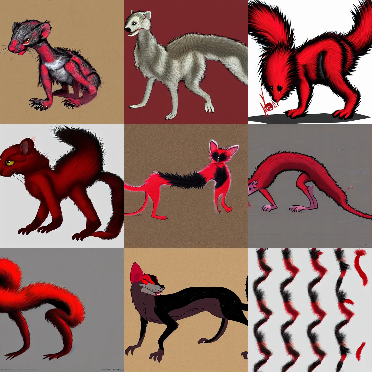 Prompt: visual static, chaos, photorealistic male body weasel furry ( red & black ) fursona, attached tail