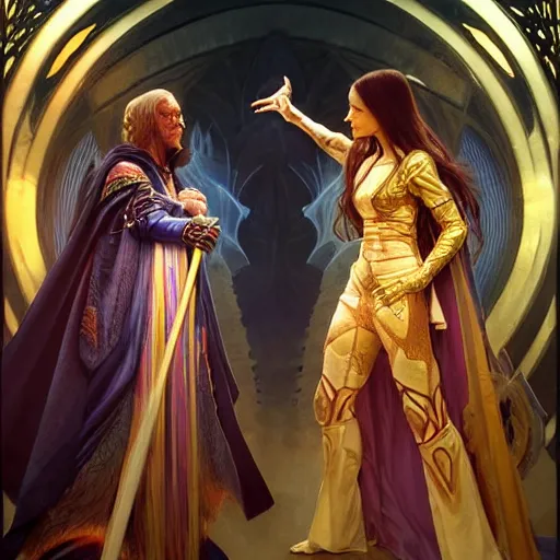 Image similar to painting of powerful stylish sorcerer and a cleric banishing the darkness and its abominations with a rainbow spell, ultra realistic, concept art, intricate details, eerie, highly detailed, photorealistic, octane render, 8 k, unreal engine. art by artgerm and greg rutkowski and magali villeneuve and alphonse mucha