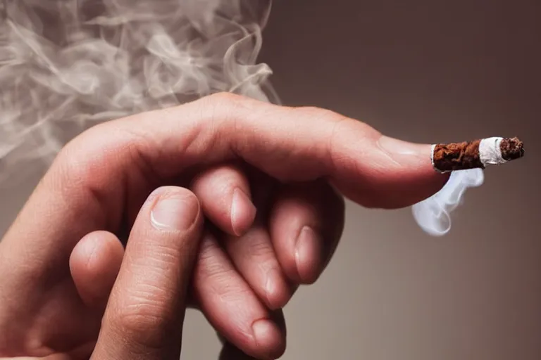 Image similar to Close-up of thin soft hand, five fingers, hand with cigarette with smoke, hand with five fingers, hyper realistic, high details, photo, super resolution