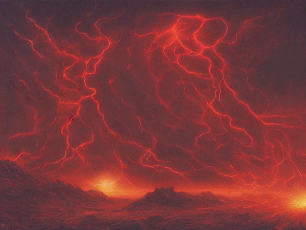 Prompt: a cosmic horror atop a fiery landscape, red lightning, highly detailed, by Zdzisław Beksiński, 4K