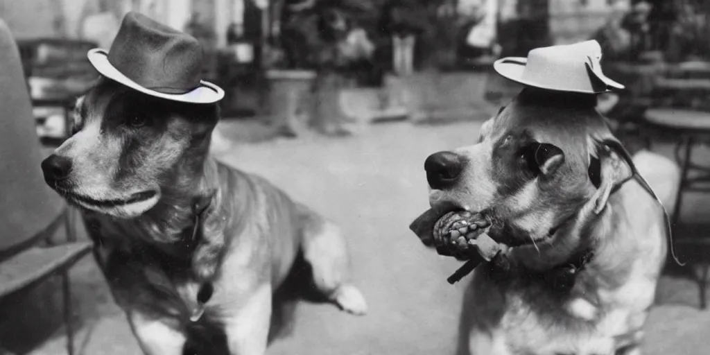 Prompt: pink dog wearing a fedora and smoking a cigar in 1 9 3 0 s france