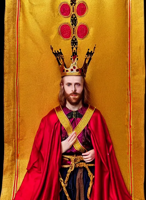 Image similar to 'Portrait of Crowned King Arthur' royally decorated, whirling plasma, atmospheric motes, red and gold Sumptuous garb, gilt silk fabric, radiant colors, fantasy, perfect lighting, studio lit, micro details,