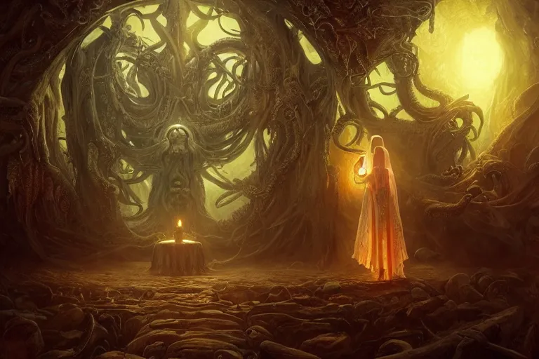 Prompt: a lovecraftian painting of a demonic shrine, occult, demon summoning, hell gate, cosmic horror elements, ultra realistic, concept art, intricate details, eerie, highly detailed, photorealistic, octane render, 8 k, unreal engine. art by artgerm and greg rutkowski and alphonse mucha