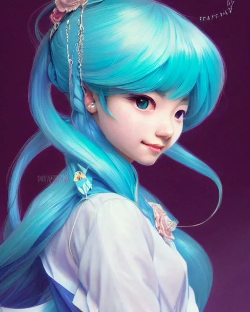 Prompt: portrait of disney hatsune miku, intricate, elegant, highly detailed, my rendition, digital painting, artstation, concept art, smooth, sharp focus, illustration, art by artgerm and greg rutkowski and alphonse mucha and uang guangjian and gil elvgren and sachin teng, symmetry!!