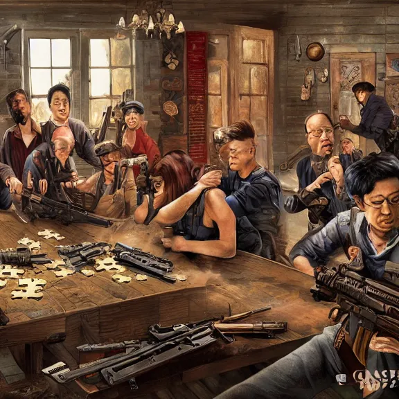 Image similar to a group of people with guns in a room, a jigsaw puzzle by xi gang, cg society, regionalism, sabattier effect, matte background, hellish background