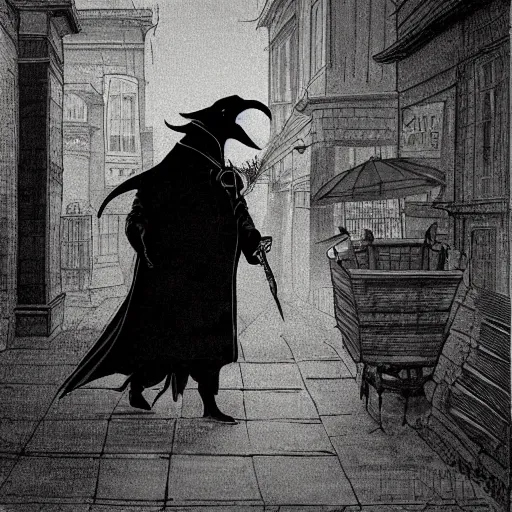 Prompt: plague doctor walking the streets of london by Fenghua Zhong, dark tones