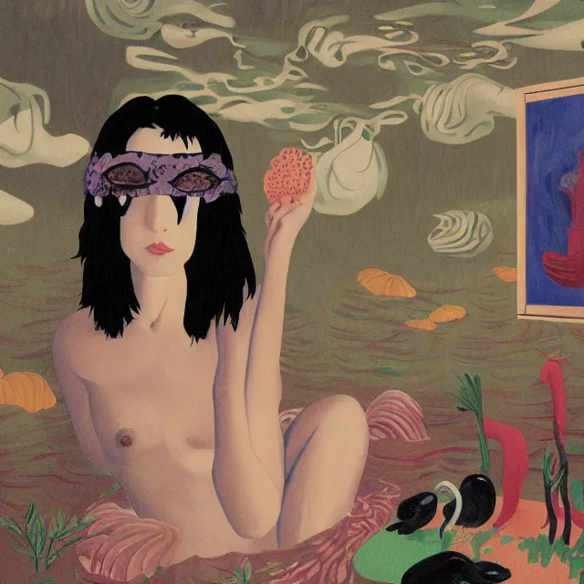 Image similar to tall female emo artist wearing a pig mask in her flooded apartment, mushrooms, octopus, water gushing from ceiling, painting of flood waters inside an artist's apartment, a river flooding indoors, pomegranates, ikebana, zen, rapids, waterfall, black swans, canoe, berries, acrylic on canvas, surrealist, by magritte and monet