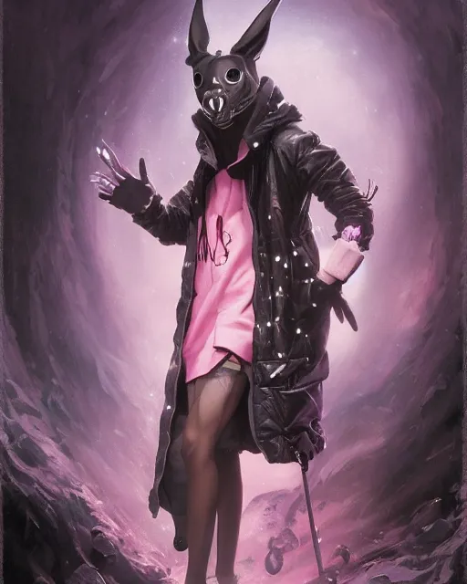 Image similar to beautiful fantasy character portrait, donnie darko, wearing oversized puffy pink bomber jacket and black bikini, ultra realistic, wide angle, seductive pose, cyberpunk artifacts, highly detailed by peter mohrbacher, pixar, malti klarwein, boris vallejo, aaron horkey, gaston bussiere, craig mullins
