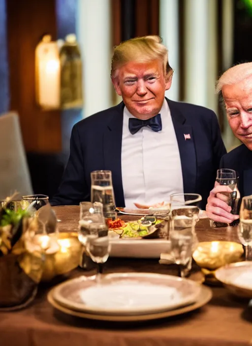 Prompt: A Portrait Photo of Trump and Biden having dinner at a fancy Balinese restaurant, award winning photography, sigma 85mm Lens F/1.4, blurred background, perfect faces