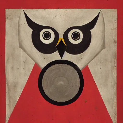 Image similar to symbol of an owl on a war banner, avant garde style, cubism, red eyes, circa 1 6 0 0 s, shallow focus, old, grain, scretch, photorealism, realistic photography, war photography, war, history, museum collection