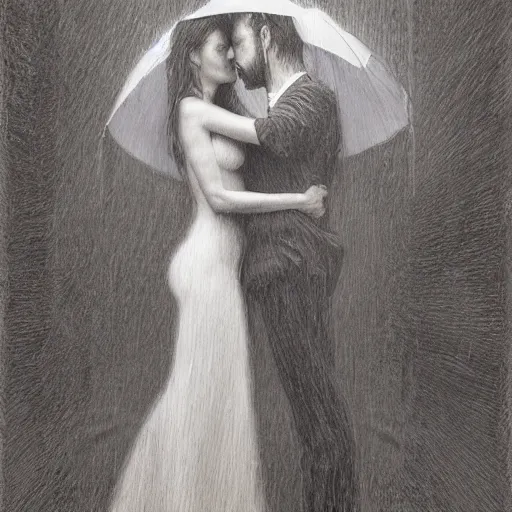 Prompt: dreary by brett weston, by donato giancola. a beatiful experimental art of a man & woman embracing in the rain.