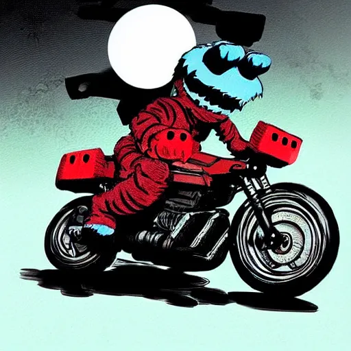 Image similar to cookie monster riding kaneda's motorcycle from akira by ilya kuvshinov katsuhiro otomo