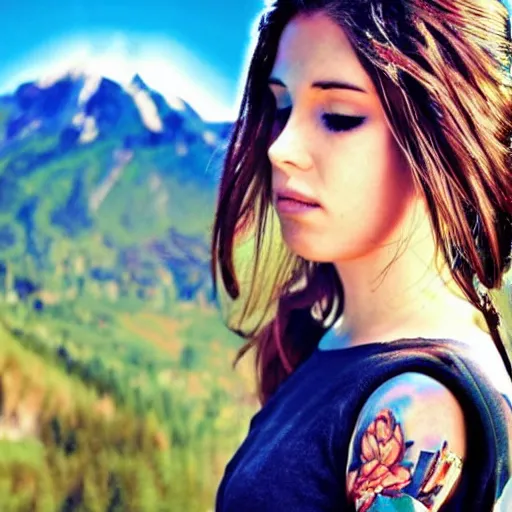 Image similar to tattoo realism design of a beautiful girl next to a mountain scenery, hyper realistic