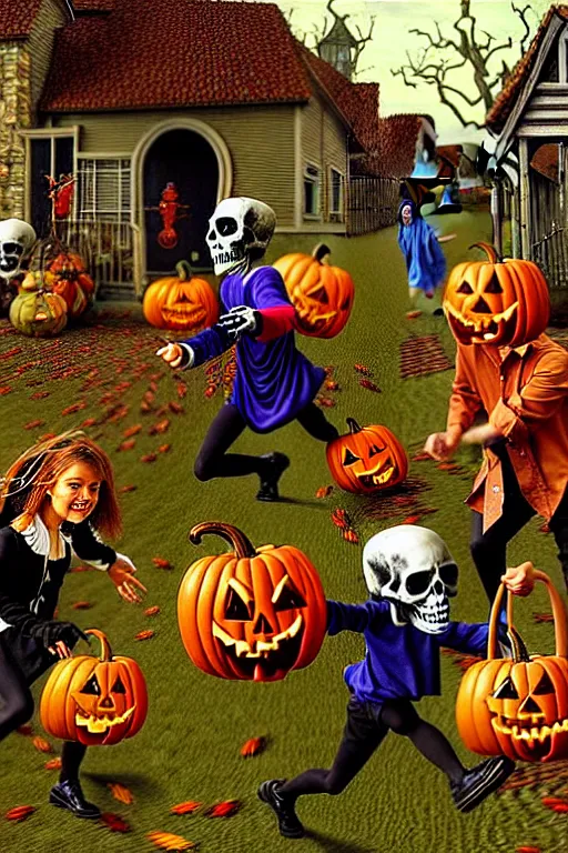 Image similar to a hyperrealistic painting of an autumn village trick or treaters being chased by witches and skeletons, by chris cunningham and richard corben, highly detailed, vivid color,