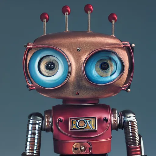 Image similar to closeup portrait of tin toy retro robot doll, depth of field, f 3 2, zeiss lens, detailed, centered, fashion photoshoot, by nicoletta ceccoli, mark ryden, lostfish, breathtaking, 8 k resolution, extremely detailed, beautiful, establishing shot, artistic, hyperrealistic, octane render