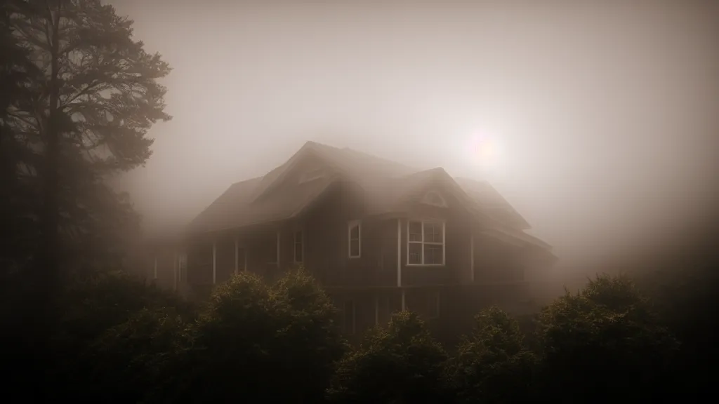 Prompt: above the house the sun, which appears a little through the fog, fog, volumetric lighting, mystique, atmospheric, conept art, sharp focus, ultra detailed, noir arthouse, 4 k, luminous details, cinematic, 3 5 mm, fujifilm