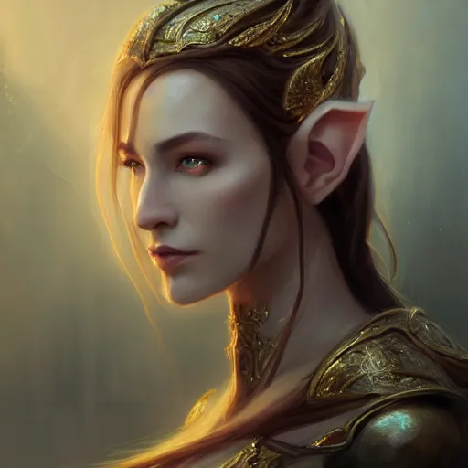 Image similar to Beautiful elegant regal high elf royalty portrait, face centered portrait, Confident, fog, volumetric lighting, beautiful, golden hour, sharp focus, ultra detailed, conceptartworld by Leesha Hannigan, Ross Tran, Thierry Doizon, Kai Carpenter, Ignacio Fernández Ríos