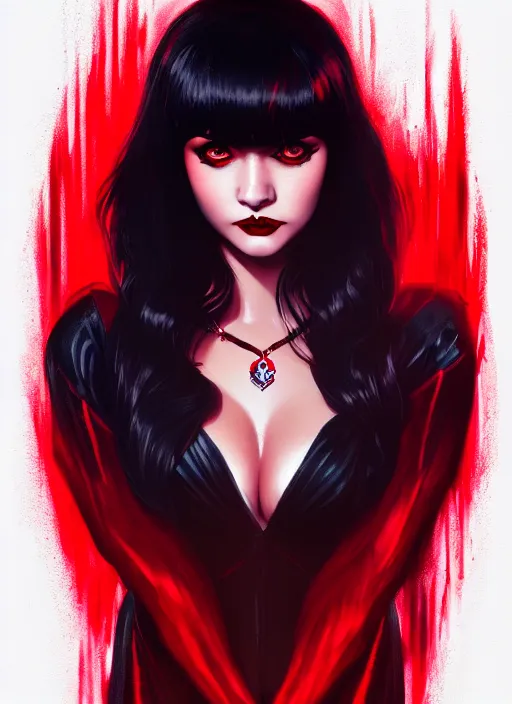 Image similar to portrait of vampire veronica lodge with bangs, vampire fangs, vampire, long hair, red clothes, bangs, vampironica, intricate, elegant, glowing lights, highly detailed, digital painting, artstation, concept art, smooth, sharp focus, illustration, art by wlop, mars ravelo and greg rutkowski