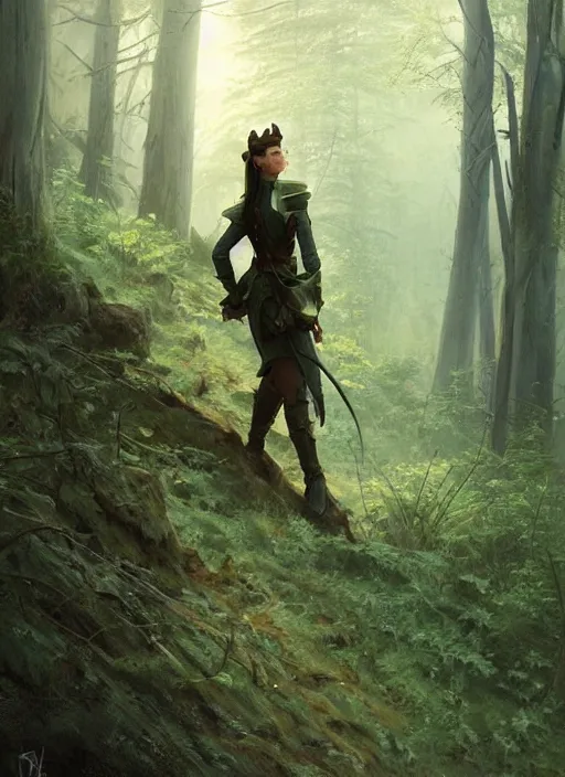 Image similar to elven soldier wearing a dark green tunic with a shield on his back standing at a forest looking for adventure in the mountains, tall trees, landscape is lush, moody sunset in background, greg rutkowski, alphonse mucha, trending on artstation, artgerm, unreal engine, breathtaking, award winning, highly detailed