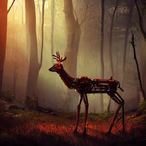Prompt: a robot deer standing in the woods, digital art, cinematic lighting, epic composition, highly detailed