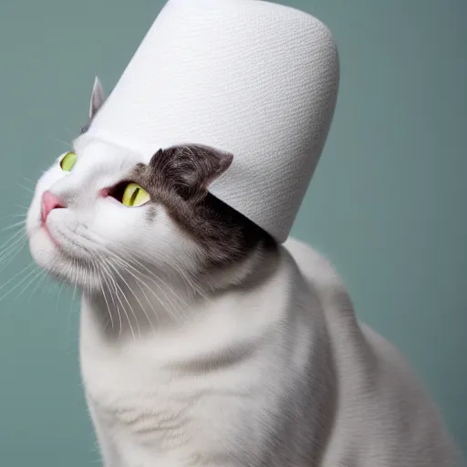 Prompt: a white cat with a hat on its head, a stock photo by Miao Fu, shutterstock contest winner, rasquache, stock photo, stylish, white background