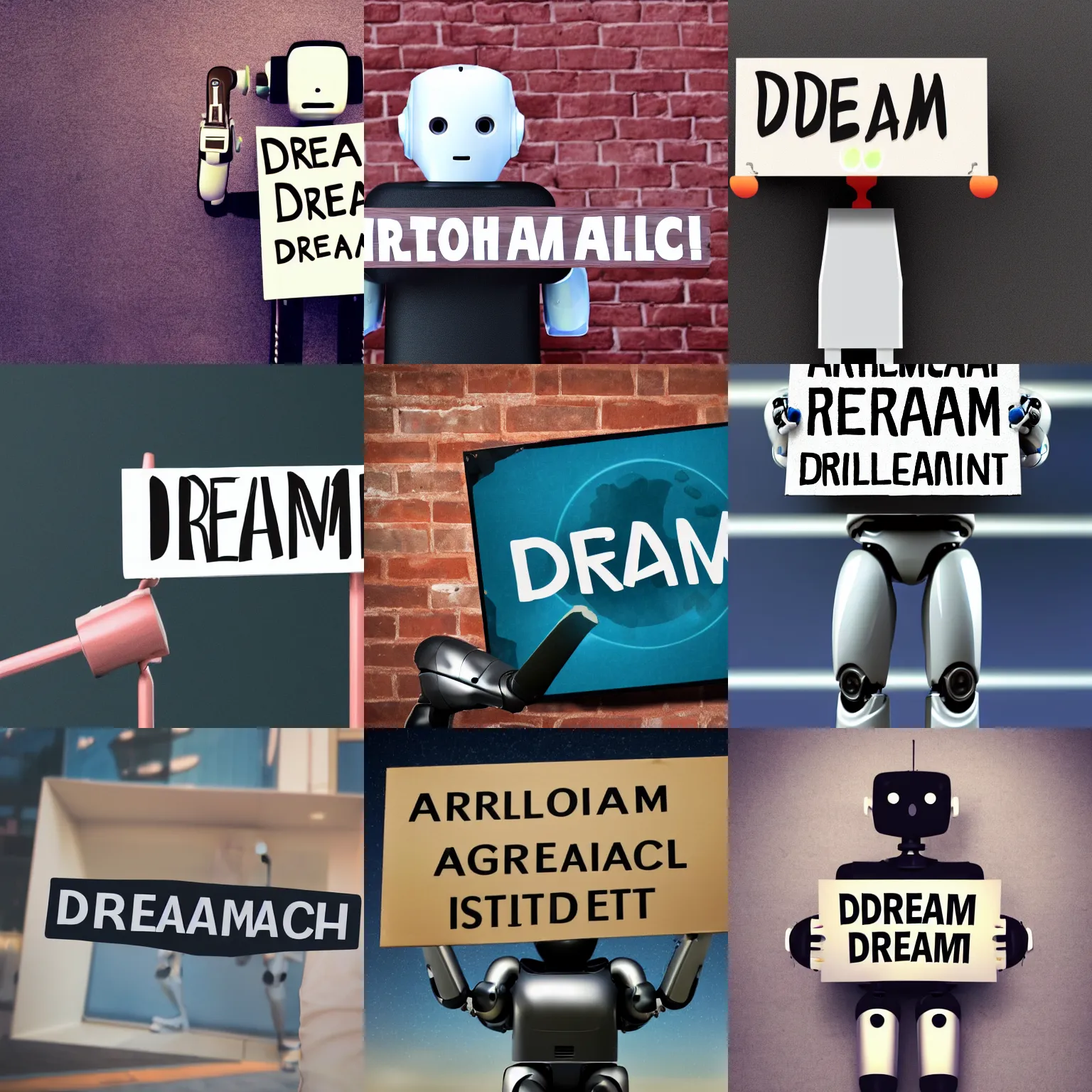 Image similar to realistic high quality photo of artificial intelligence robot holding a sign with text that reads : dream