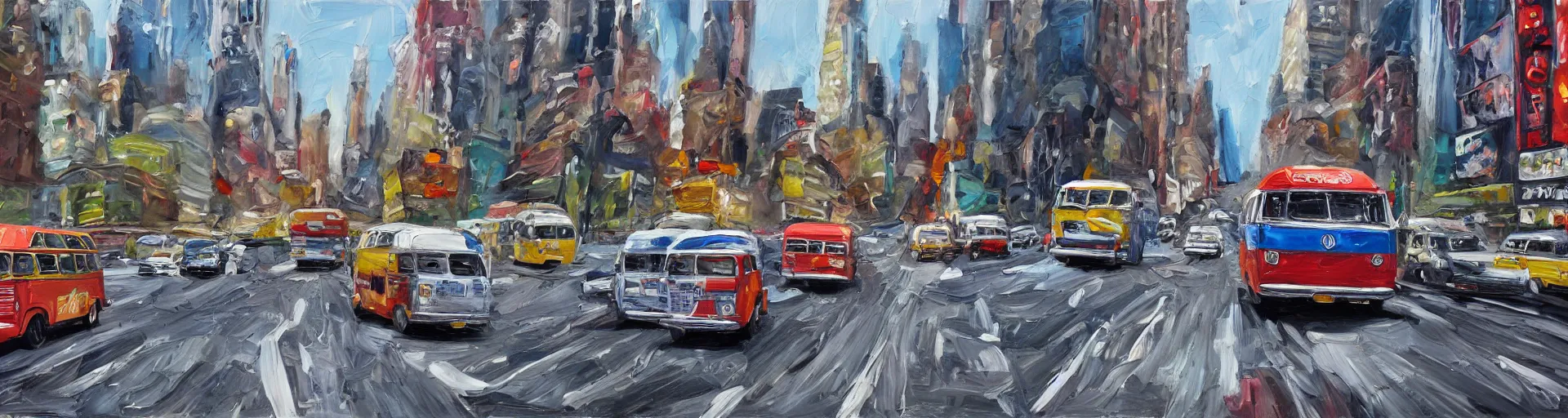 Prompt: a detailed oil painting of vw buses racing in new york city