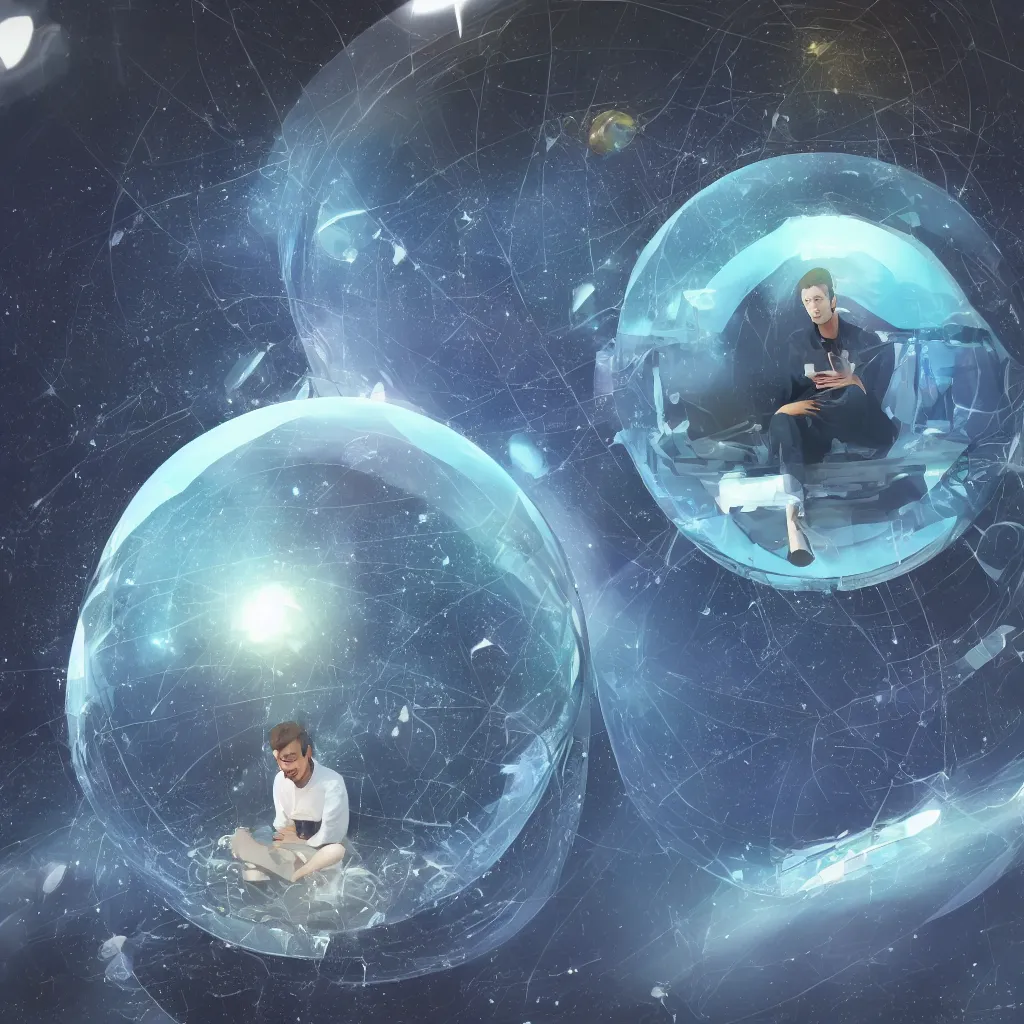 Image similar to a young man alone in an enormous transparent spherical capsule in the middle of outer space, digital art