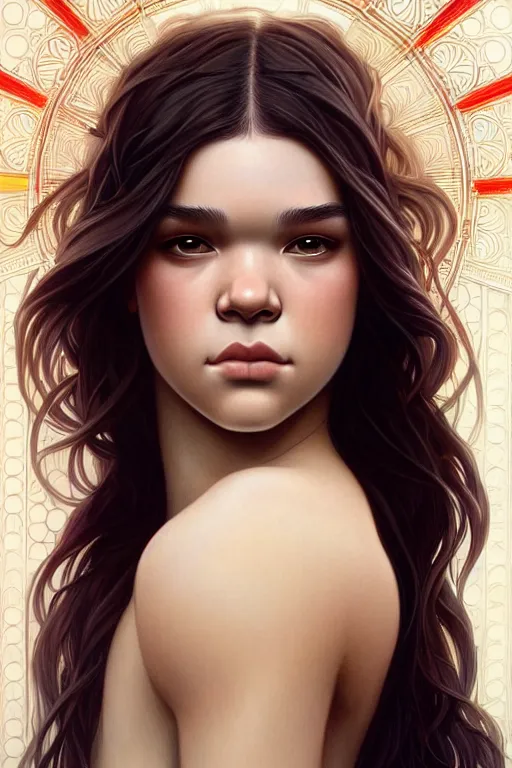 Image similar to symmetry!! portrait of hailee steinfeld, machine parts embedded into face, intricate, elegant, highly detailed, digital painting, artstation, concept art, smooth, sharp focus, illustration, art by artgerm and greg rutkowski and alphonse mucha, 8 k