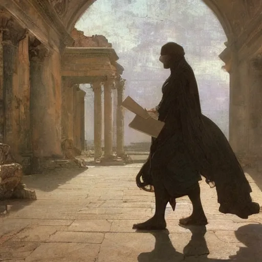 Image similar to half portait of magican wearing a closed cowl walking while reading big old book! jeremy mann, jean leon gerome, tiepolo, alphonse mucha, greg rutkowski, face in the shadows, ( ( ruins of ancient rome ) ), at dusk, mysterious atmosphere, sunrays, dof, masterpiece, high detailed, 8 k