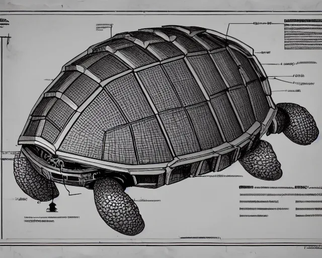 Image similar to a full page of a mechanical blueprint showing a cutaway design for a mechanized tortoise from howl's moving castle ( 2 0 0 4 ), with a big head, muted colors, post grunge, studio ghibli, hq,