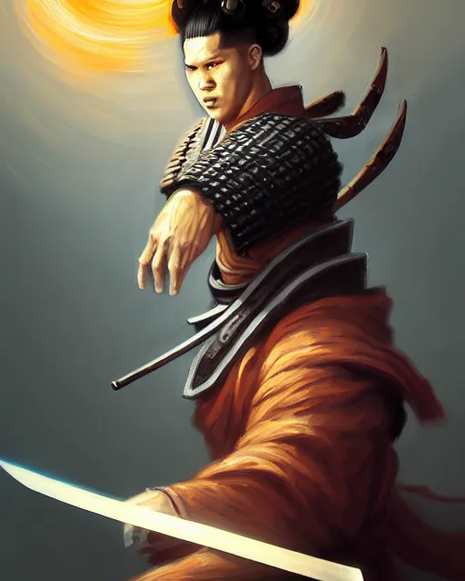 Image similar to portrait of devin booker as a ronin samurai, wearing a haori, by wlop and peter mohrbacher, dramatic action pose, extremely detailed shading, concept art, digital painting, trending on artstation, atmosphere, glow, cinematic lighting, full of color