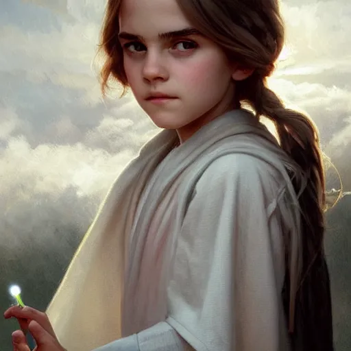 Image similar to perfectly - centered - portrait of a kid looking like young emma watson wearing white cloak holding light saber, intricate, highly detailed, digital painting, artstation, concept art, smooth, sharp focus, illustration, unreal engine 5, 8 k, art by artgerm and greg rutkowski and alphonse mucha