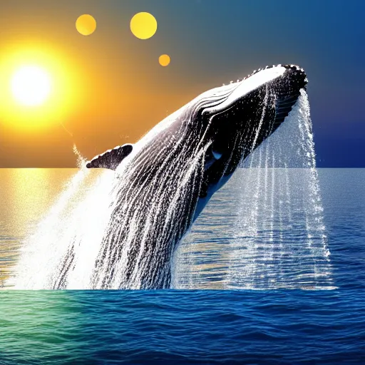 Prompt: whale floating in the air instead of airplanes while the sea raises and some drops flow in the sky, fishes jumping out of water while the sun is seen nicely, ultra realistic, 4k