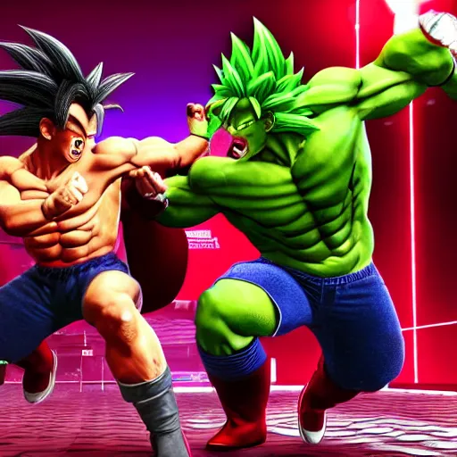 Prompt: Photo realistic live action Super Saiyan Frank Zappa vs Majin Nickacado Avacado WWE takedown ray traced 8K anti-aliased highly detailed cinematic render award winning photography