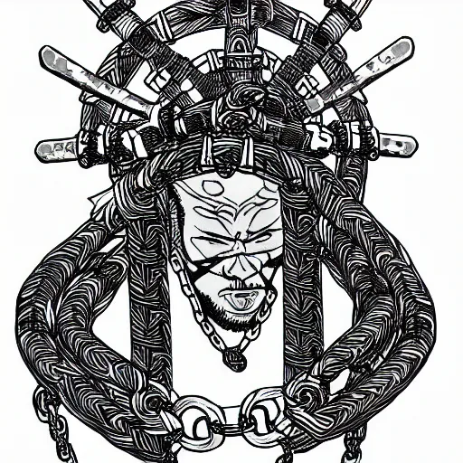 Image similar to samurai wrapped in chains ,ink art