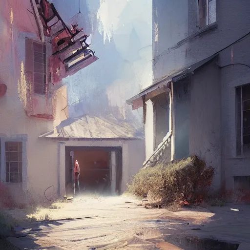 Image similar to two artists painting on a canvas, one paints a beautiful house, the other paints abstract art, by greg rutkowski, matte painting, light study, artstation