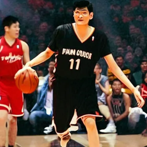 Prompt: yaoming is taking up earth as a basketball