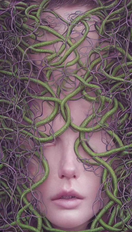 Image similar to very detailed portrait of a 2 0 years old girl surrounded by tentacles, the youg woman visage is blooming from fractal and vines, by alyssa monks