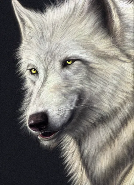 Image similar to a realistic white wolf head seen from the side, fantasy art