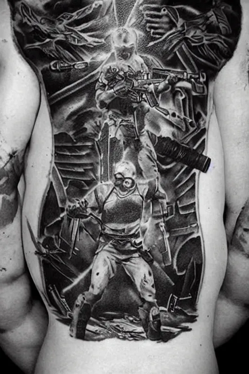 Prompt: a paranormal soldier, mystical tattoos, emp weapons strapped in shoulders, horror sci - fi black and white poster