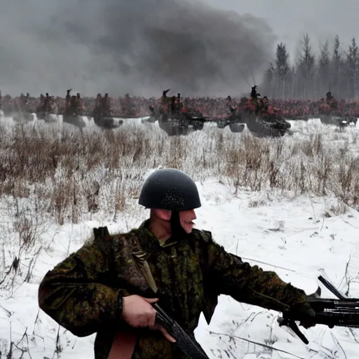 Image similar to Vladimir Putin is fighting at the front against Ukraine epic battle,writing style symbolism,