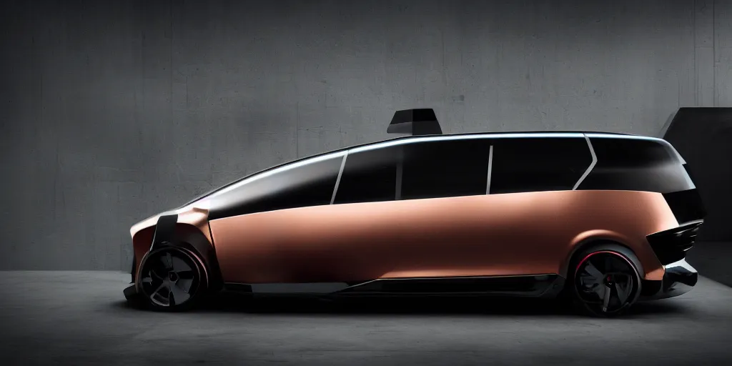 Image similar to a design of a futuristic minivan, designed by Polestar, blade runner background, stained antique copper car paint, black windows, dark show room, dramatic lighting, hyper realistic render, depth of field