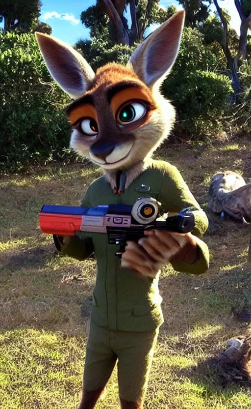 Image similar to “kangaroo in the style of the movie zootopia holding a laser gun and pointing it at the the camera”